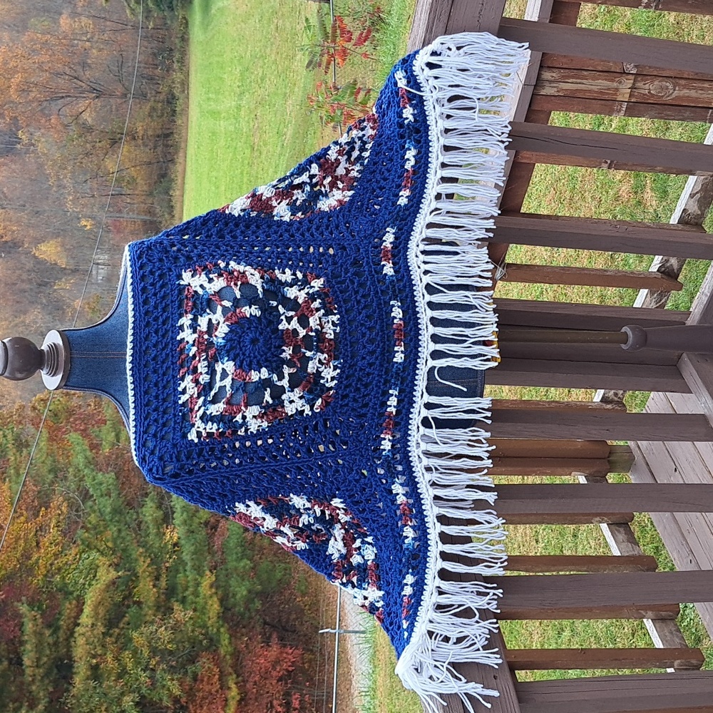 Hand Crafted Crochet Chunky Navy Blue White Burgundy Poncho Essential Boho - Picture 10 of 13